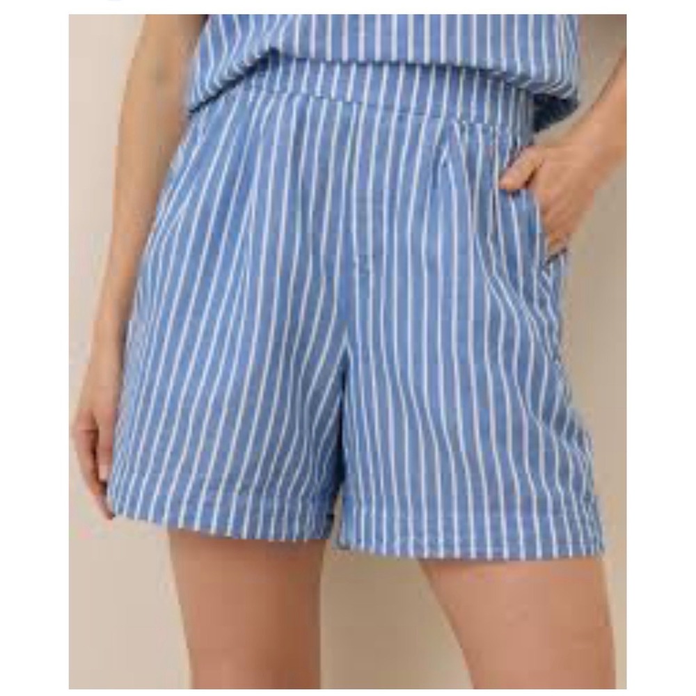 Pact Canopy Linen Blend High Waisted Blue White Stripe Pull On Shorts XL Coastal